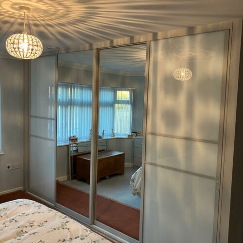 Light Grey Swan Sliding Wardrobes with White Glass and Mirror